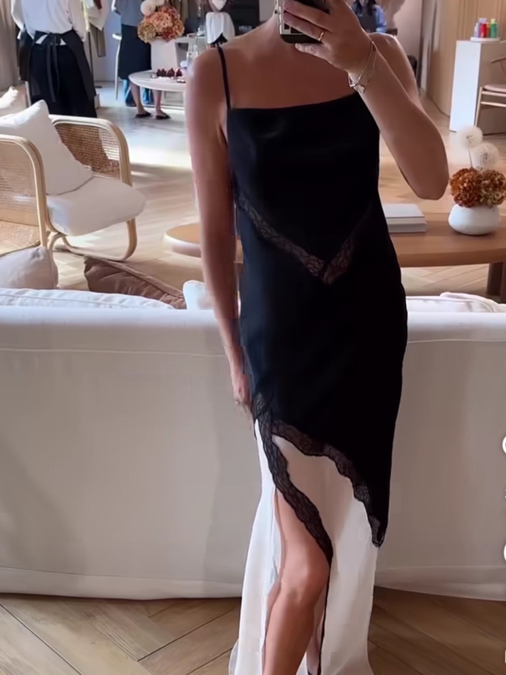 Zara Black and Cream Satin Slip Dress with Lace Trim - Picture 3 of 8